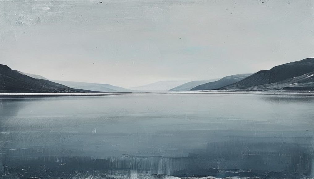 Wide empty Norwegian fjord — cold light, silence, grey horizon.