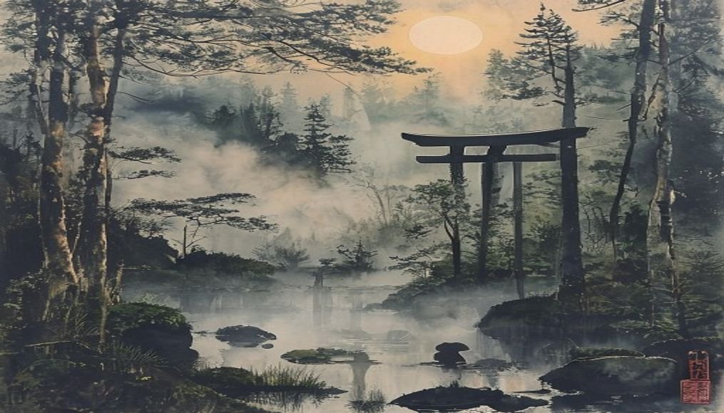 Ancient Japan — Jōmon spirit, misty forest, torii gate
